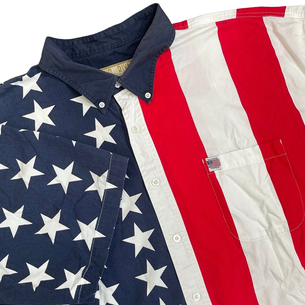 Vintage Sun River USA Flag Button Up Shirt Mens XXL Red White Blue Stars Stripes